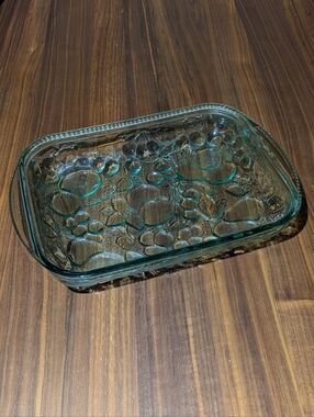 Vintage Libbey Orchard Fruit Embossed Green Glass 9"x13" Casserole Dish